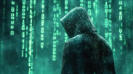 anti tracking anonymity concept. A mysterious figure in a hoodie, overlaid with digital code, stands against a backdrop of cascading green matrix-like numbers.