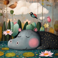 In a calm river, a small cartoon hippopotamus rests among water lilies, with birds fluttering nearby. Quiet moment, cheerful vibe.