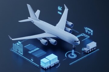 A futuristic illustration of an airplane surrounded by digital logistics symbols, emphasizing modern air transport and supply chain technology.