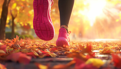 A runner's legs are shown in focus, with their bright pink running shoes landing on a bed of fallen autumn leaves, while the background blurs into a sunny, vibrant park