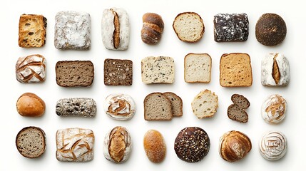 A collection of different types of bread arranged on a white background, highlighting their textures and crusts