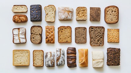 A collection of different types of bread arranged on a white background, highlighting their textures and crusts