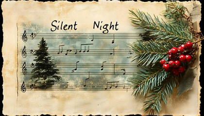 A rustic, aged music sheet of "Silent Night" evokes nostalgic holiday charm, perfect for vintage-inspired decor during seasonal celebrations, spreading warmth and cheer.