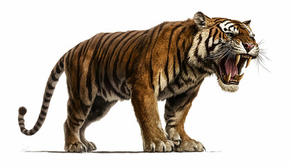 Obraz premium A saber-toothed tiger depicted in full growth against a white background, showcasing its distinctive long fangs, muscular build, and striking striped fur pattern. The tiger's fierce expression