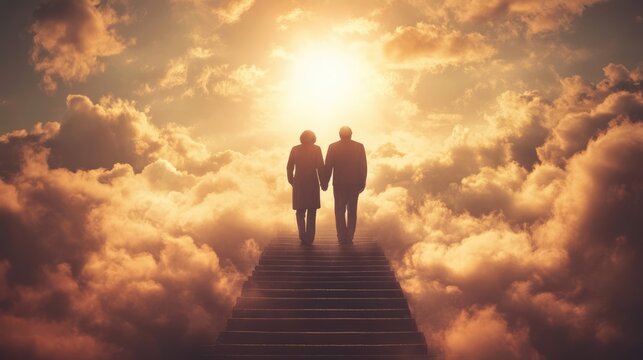 Old couple walking up the stairs among clouds in the sky to the shining light symbolizing heaven or Christian paradise. Life end and time passing concept