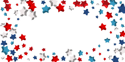 Volumetric blue, red and white stars are scattered on a white background. Festive background