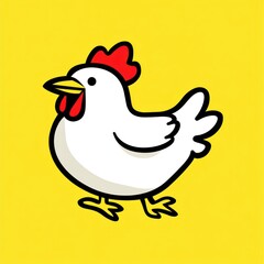 Happy cartoon hen walking, yellow background, farm animal, children's illustration