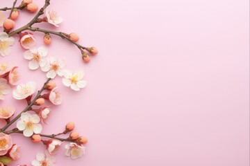 Obraz premium Happy Persian New Year! Celebrate Spring with Apricot Sprigs on Pink Background - Top View Flat Lay of Oriental Tradition in Iran, Azerbaijan, Uzbekistan