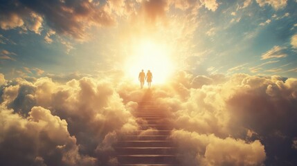 Old couple walking up the stairs among clouds in the sky to the shining light symbolizing heaven or Christian paradise. Life end and time passing concept