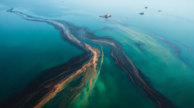 Aerial view of oil spill in ocean with cleanup efforts underway