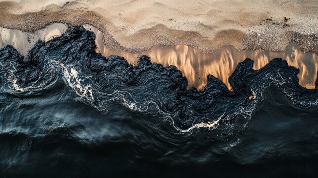 Aerial view of oil spill contaminating sandy beach