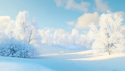 A serene winter landscape featuring snow-covered trees and a clear blue sky, creating a tranquil and picturesque scene