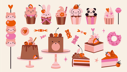 Set with cute cakes, cupcakes and sweets with kawaii animals and berries. Delicious desserts with chocolate and decor. Trendy modern vector illustration isolated on background, hand drawn, flat
