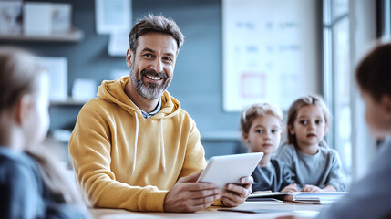 Smiling Teacher Working with Preschool Children Using Tablet in Classroom, Early Education, Engaged Kids Learning Technology, Digital Devices.