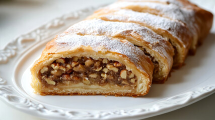 Homemade Walnut Paste-Filled Roll Cake Displayed on a Decorative Plate in a Light-Filled Kitchen