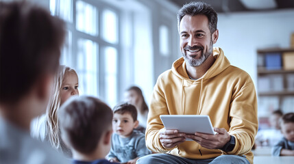 Smiling Teacher Working with Preschool Children Using Tablet in Classroom, Early Education, Engaged Kids Learning Technology, Digital Devices.