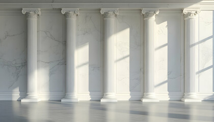 A set of Greek-style white marble columns on the right side of an empty wall
