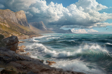 Fototapeta premium A dramatic coastal view of the Cape of Good Hope, with crashing waves and a rugged, rocky shoreline.