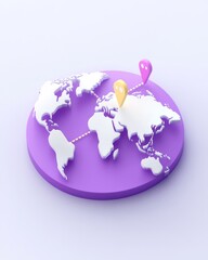 A stylized globe with a purple base, featuring white continents and colorful location pins, representing global connectivity and navigation.