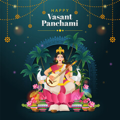 happy vasant panchami background with beautiful woman and indian ornament