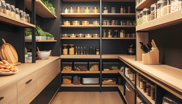 A sleek and modern kitchen pantry showcases neatly organized shelves with various food items and kitchen essentials, highlighting home organization and storage solutions.