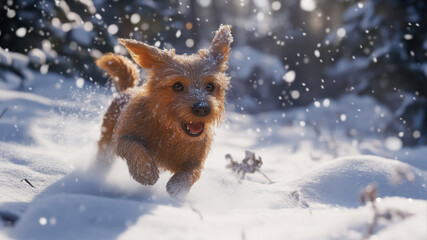 Naklejka premium Dog Joyfully Playing in the Snow-Covered Forest During Winter Afternoon