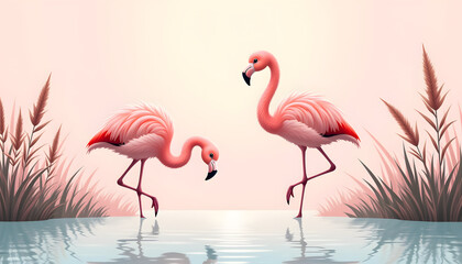 Fototapeta premium Flamingos standing by tranquil water in soft pastel background