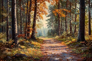 Fototapeta premium A dense woodland path framed by tall oak trees and vibrant fallen leaves in autumn