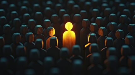 Obraz premium Glowing wooden figure stands out in dark crowd: concept of uniqueness
