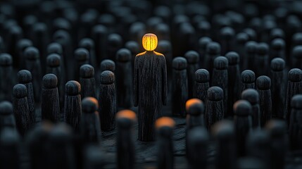 Fototapeta premium Glowing wooden figure stands out in dark crowd: concept of uniqueness