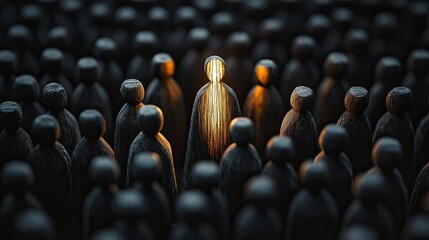Fototapeta premium Glowing wooden figure stands out in dark crowd: concept of uniqueness