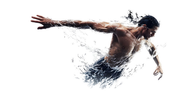 Freestyle swimmer in water with powerful strokes
