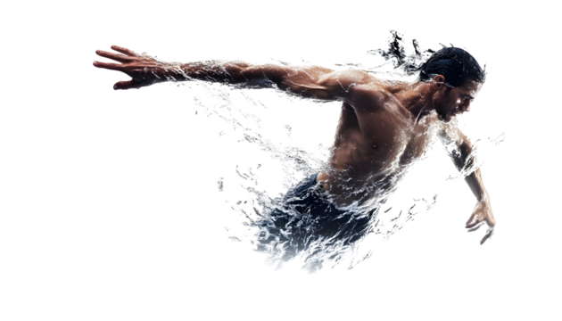 Freestyle swimmer in water with powerful strokes