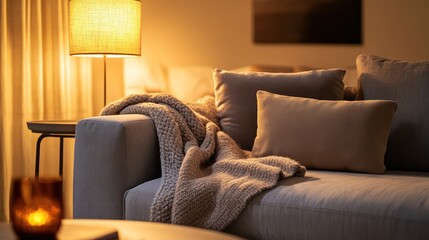An inviting living room showcasing a gray sofa with a soft throw blanket, illuminated by the warm glow of a table lamp, perfect for relaxation and cozy evenings
