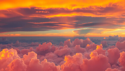 Vibrant sunset illuminating fluffy clouds in shades of orange and pink