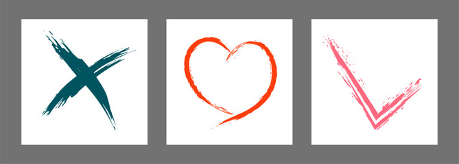 The cross, heart and OK symbol are hand-drawn with a brush. Prohibition, denial, error. Love. Approval, consent. Vector, set of 3 characters