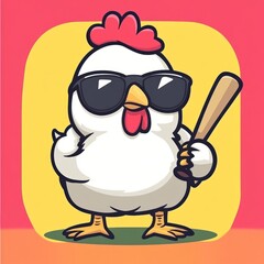 Naklejka premium Chicken with sunglasses holds bat, graphic on yellow background, suitable for a children's book