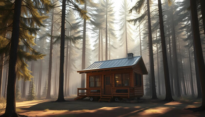 Fototapeta premium Charming wooden cabin nestled among tall trees in a serene forest