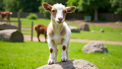 Fototapeta premium Goat standing on rock in sunny green field