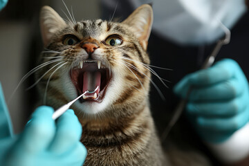 Veterinarian examination of cat teeth. Diseases of teeth and gums in pets.