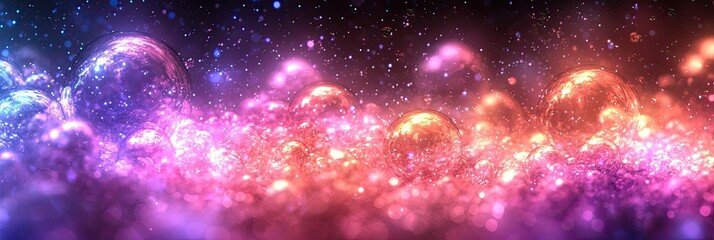 Obraz premium Glowing Bubbles Floating in a Cosmic Pink and Purple Galaxy