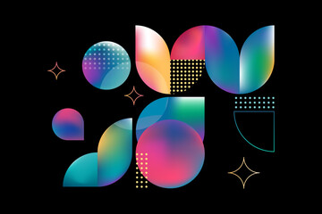 Modern abstract geometric composition of simple elements with gradients. Hand drawn vector illustration on a black background. Poster for design and printing.