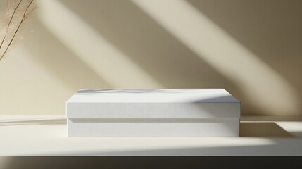 White box display, sunlit studio, minimal background, product mockup