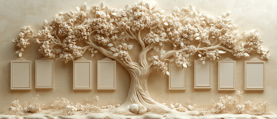Obraz premium 3d beige genealogical family tree template with blank empty cells on ivory background, personal history, ancestry, heritage. Frame