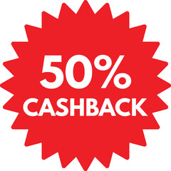50% cashback sign isolated on white background . 50% cash back offer for discount and promotion . Vector illustration