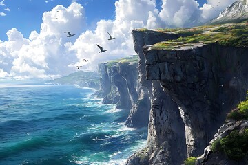 A dramatic cliffside overlooking the ocean with birds soaring in the distance