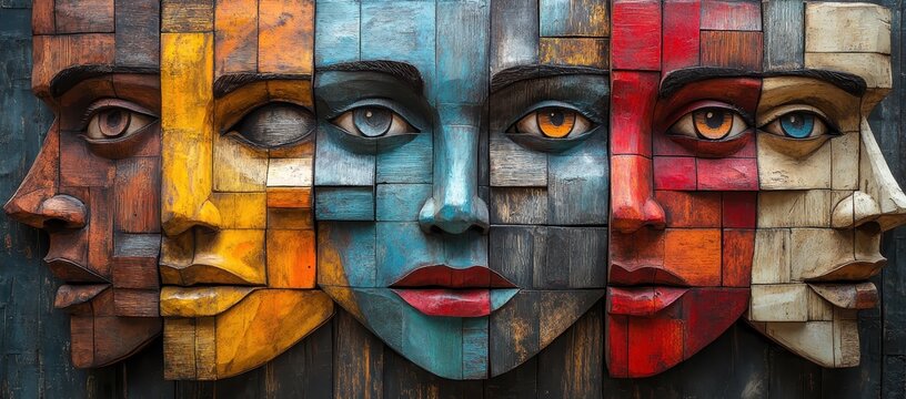 Wooden carved cubist human faces with intricate details and colorful highlights