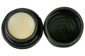 French butter crock Green better bell handmade on a transparent Background  open with butter 