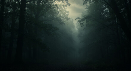 Fototapeta premium Mysterious Foggy Forest Path - Dark, Eerie Woodland Scene