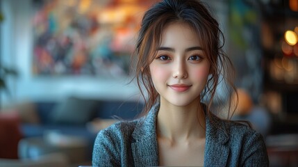 Obraz premium A Serene and Captivating Portrait of a Young Woman with a Gentle Smile, Softly Lit in an Indoor Setting, Wearing a Textured Gray Blazer